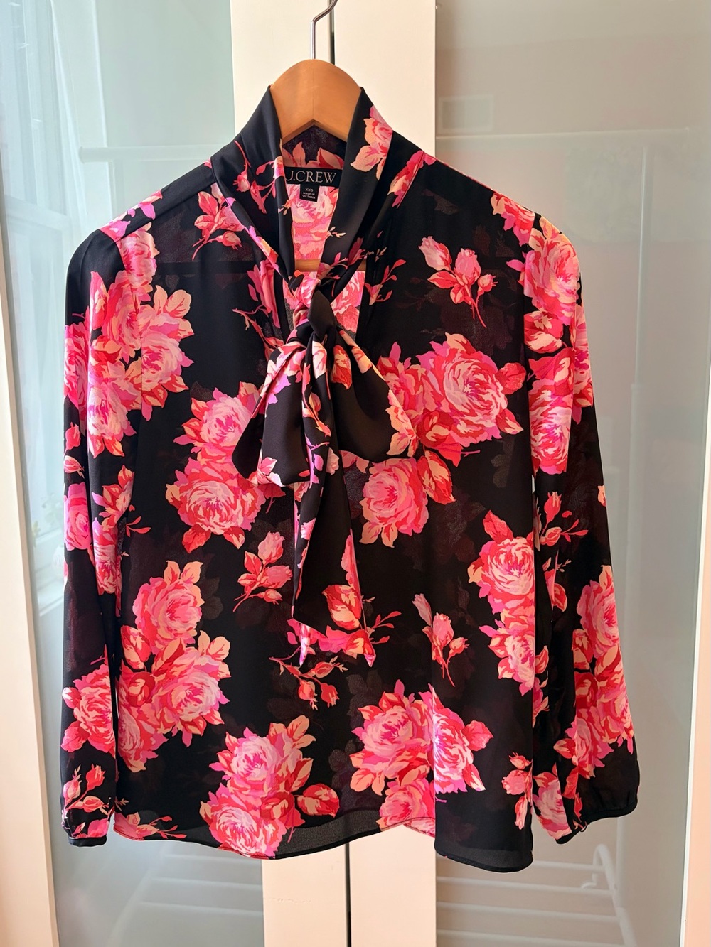 Black Pink Floral Tie Neck Long Sleeve Blouse